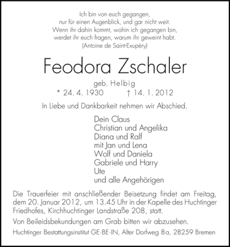  Traueranzeige für Feodora Zschaler vom 18.01.2012 aus WESER-KURIER
