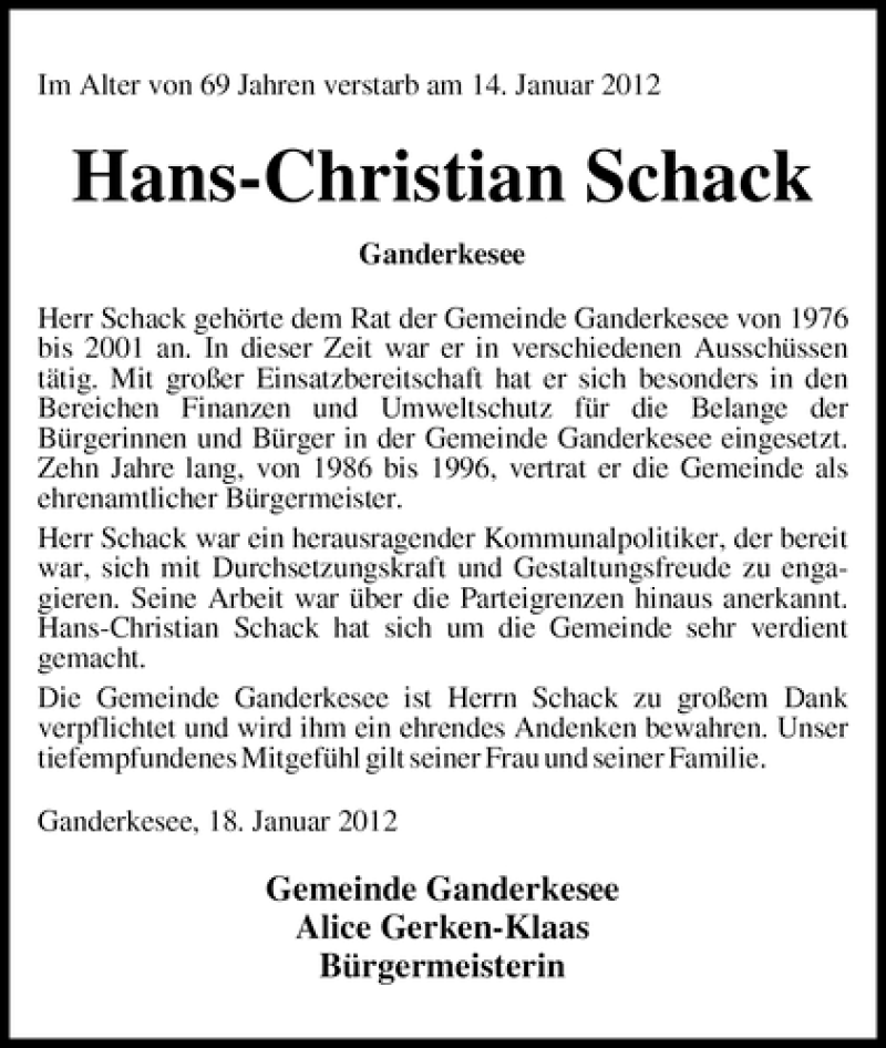  Traueranzeige für Hans-Christian Schack vom 18.01.2012 aus WESER-KURIER