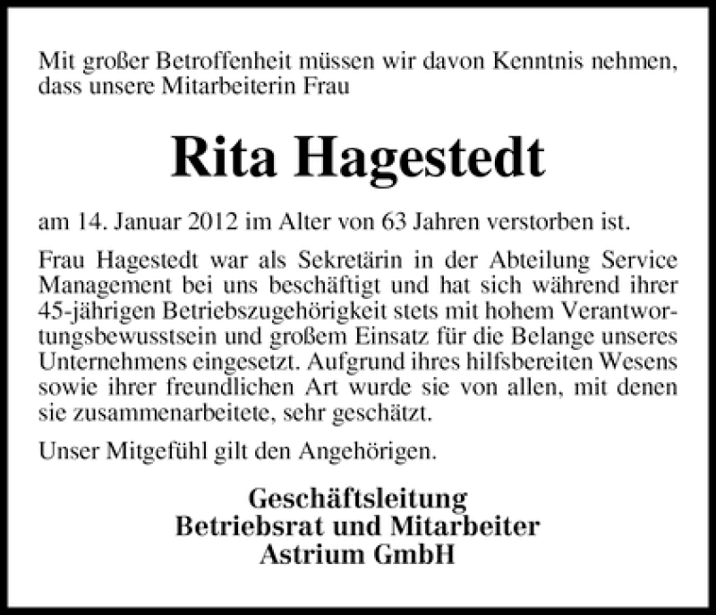  Traueranzeige für Rita Hagestedt vom 19.01.2012 aus WESER-KURIER