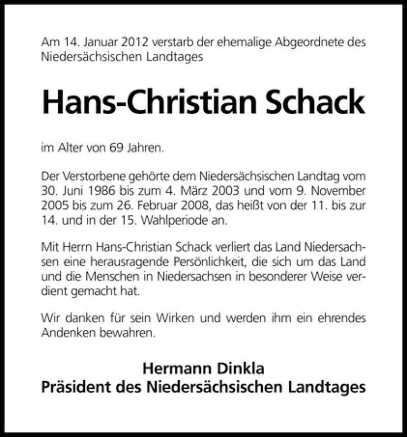  Traueranzeige für Hans-Christian Schack vom 19.01.2012 aus WESER-KURIER