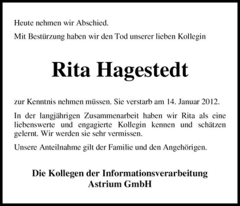  Traueranzeige für Rita Hagestedt vom 23.01.2012 aus WESER-KURIER