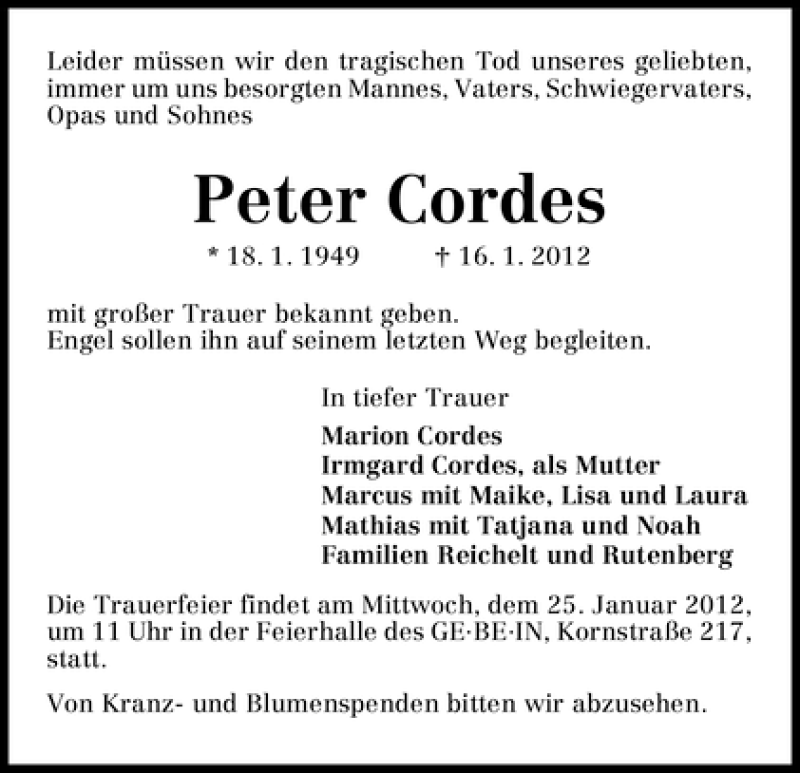 Traueranzeige von Peter Cordes von WESER-KURIER