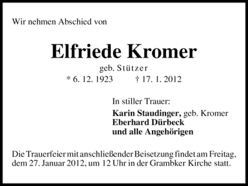 Traueranzeige von Elfriede Kromer von WESER-KURIER