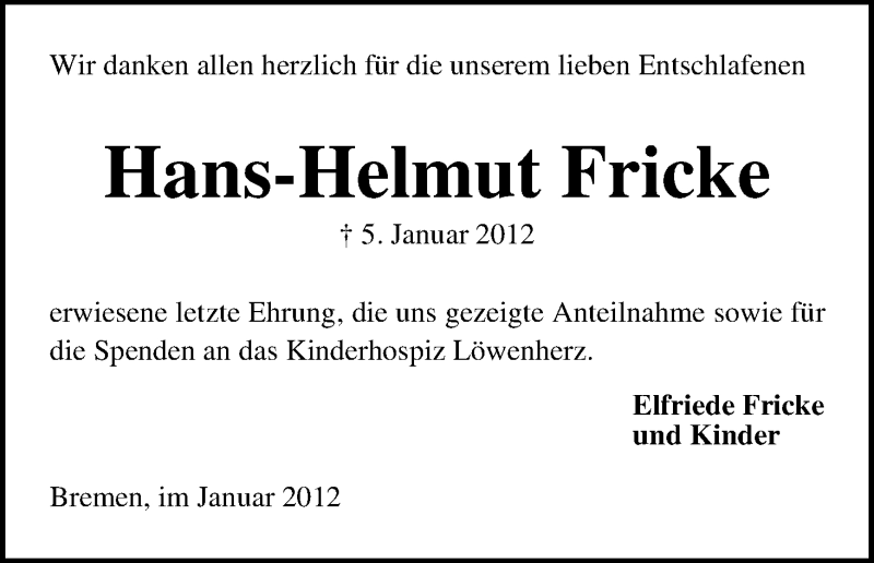 Traueranzeige von Hans-Helmut Fricke von WESER-KURIER