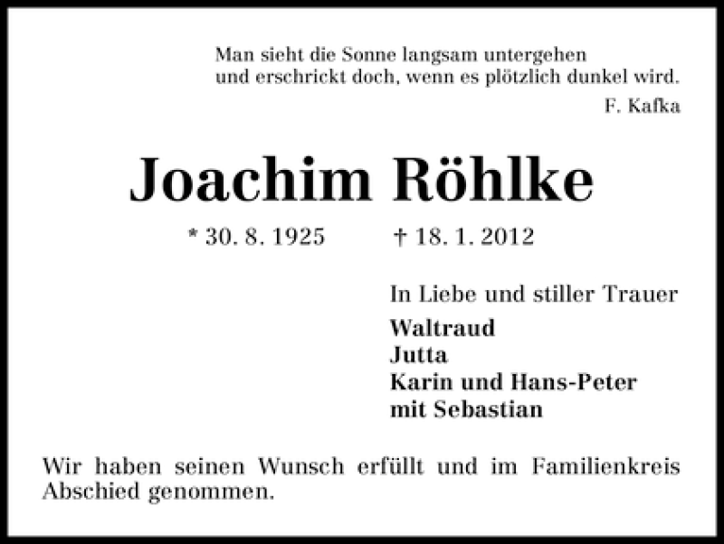 Traueranzeige von Joachim Röhlke von WESER-KURIER