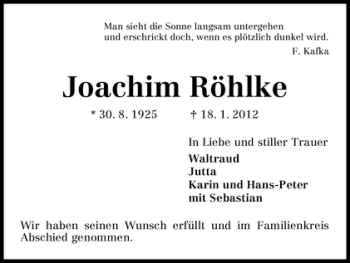 Traueranzeige von Joachim Röhlke