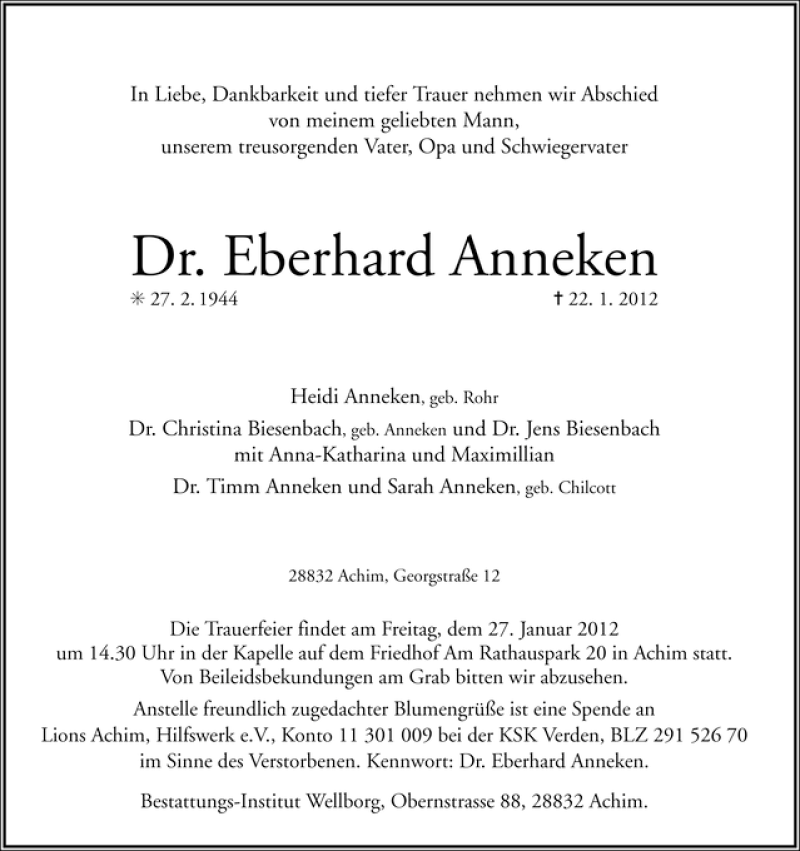 Traueranzeige von Eberhard Anneken von WESER-KURIER