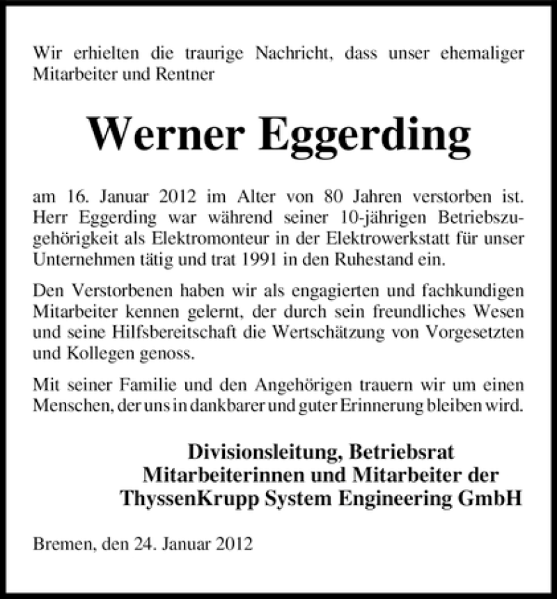 Traueranzeige von Werner Eggerding von WESER-KURIER