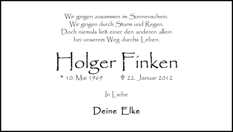  Traueranzeige für Holger Finken vom 24.01.2012 aus WESER-KURIER