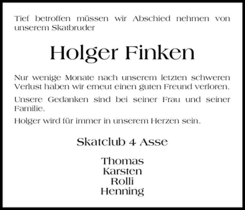  Traueranzeige für Holger Finken vom 25.01.2012 aus WESER-KURIER