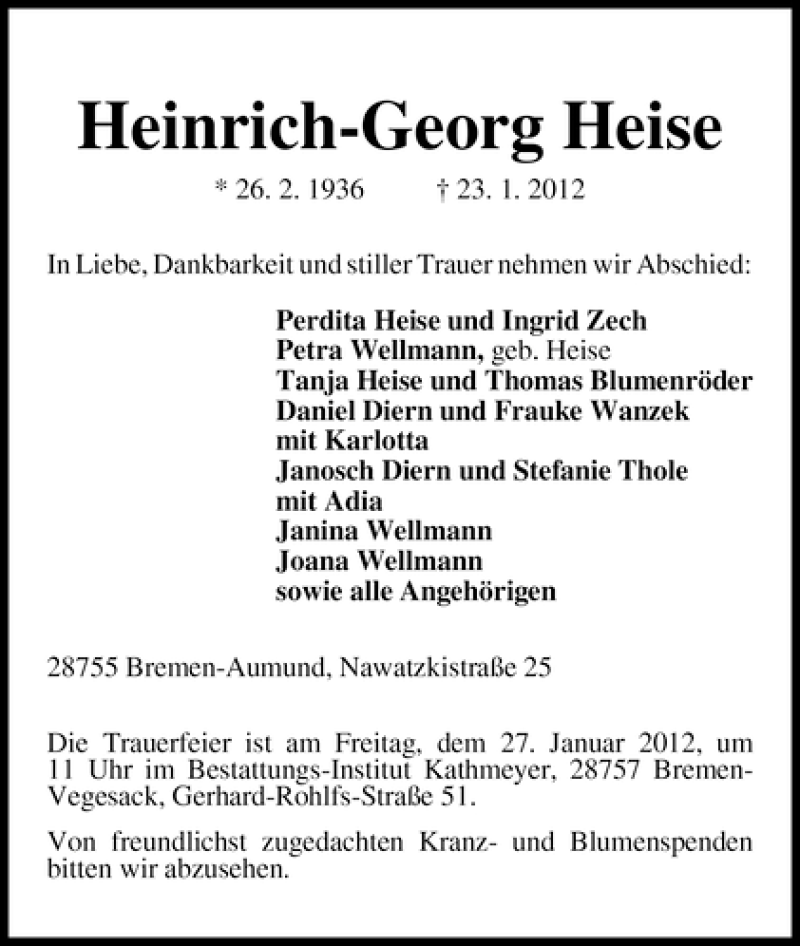 Traueranzeige von Heinrich-Georg Heise von WESER-KURIER