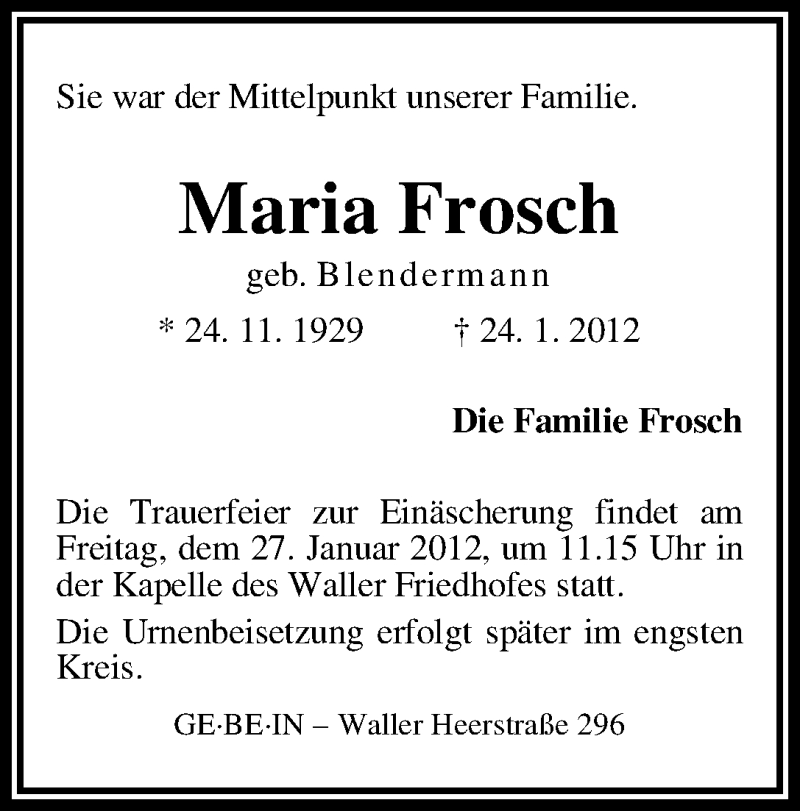 Traueranzeige von Maria Frosch von WESER-KURIER