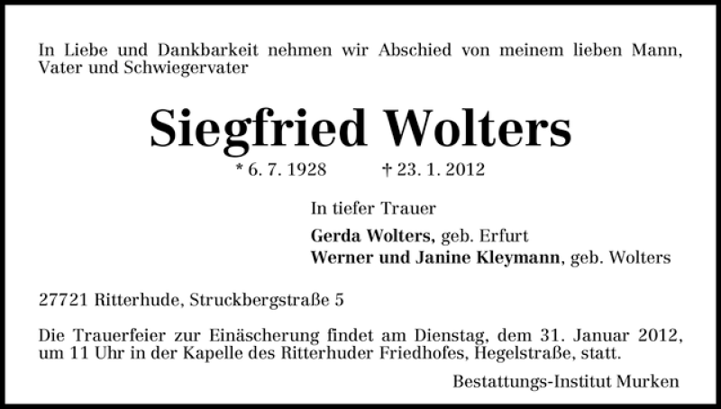 Traueranzeige von Siegfried Wolters von WESER-KURIER