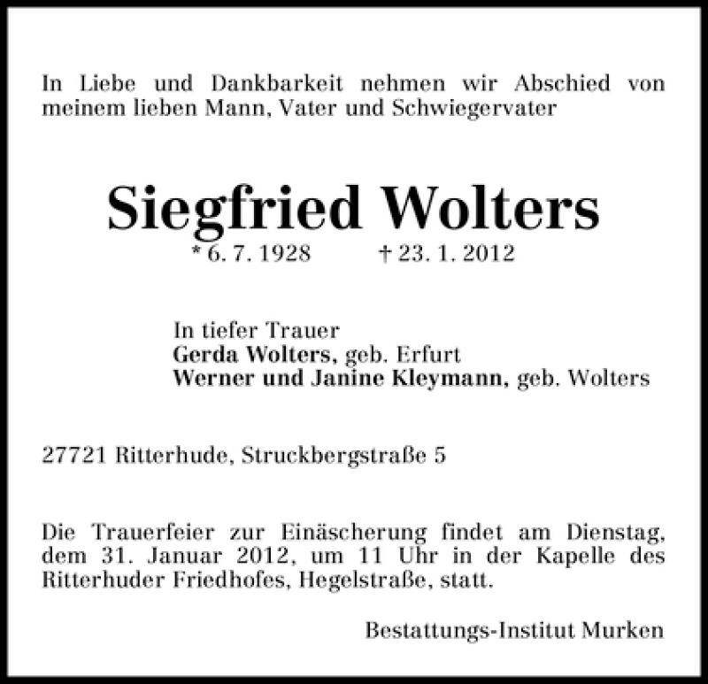  Traueranzeige für Siegfried Wolters vom 26.01.2012 aus WESER-KURIER
