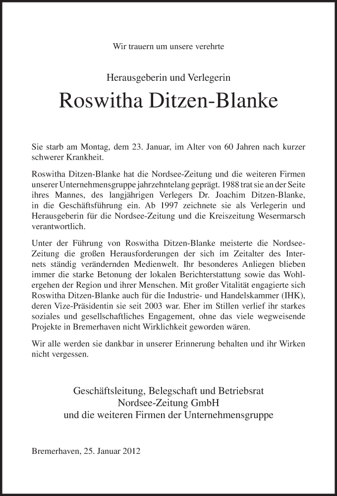 Traueranzeige von Roswitha Ditzen-Blanke von WESER-KURIER