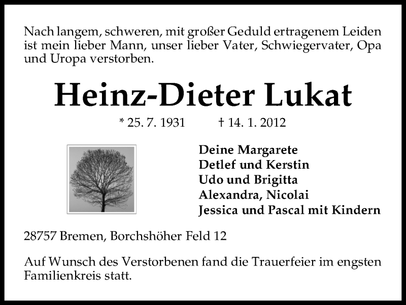  Traueranzeige für Heinz-Dieter Lukat vom 26.01.2012 aus WESER-KURIER