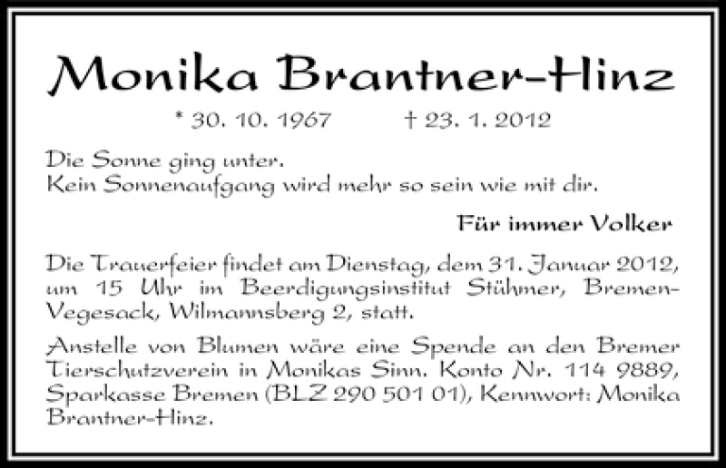 Traueranzeige von Monika Brantner-Hinz von WESER-KURIER