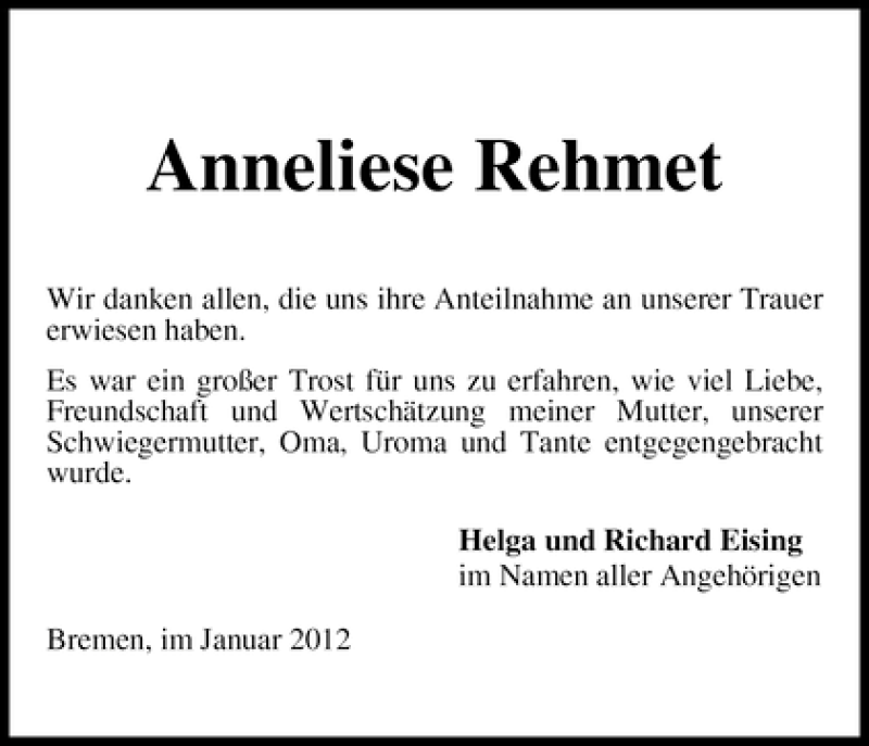 Traueranzeige von Anneliese Rehmet von WESER-KURIER