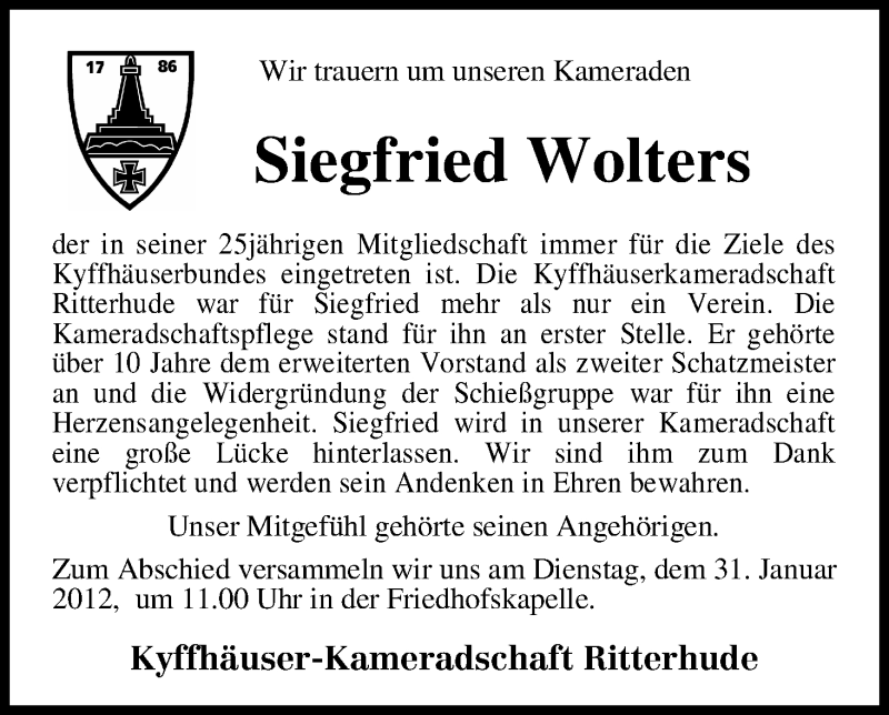 Traueranzeige von Siegfried Wolters von WESER-KURIER
