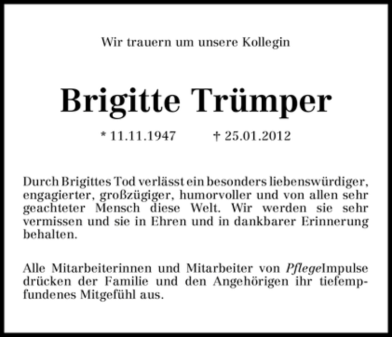 Traueranzeige von Brigitte Trümper von WESER-KURIER
