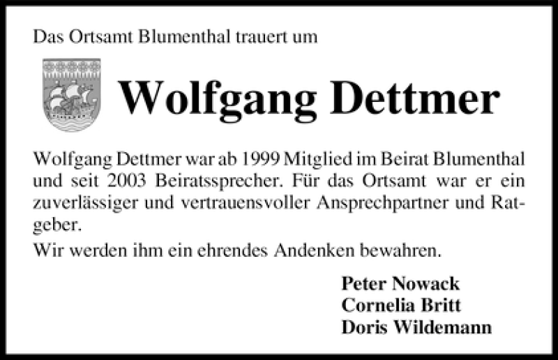 Traueranzeige von Wolfgang Dettmer von WESER-KURIER