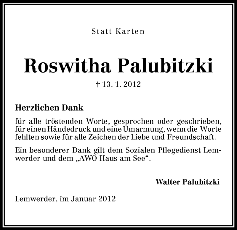 Traueranzeige von Roswitha Palubitzki von WESER-KURIER