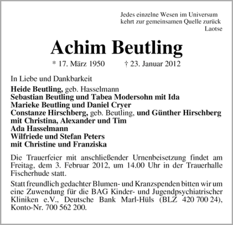 Traueranzeige von Achim Beutling von WESER-KURIER