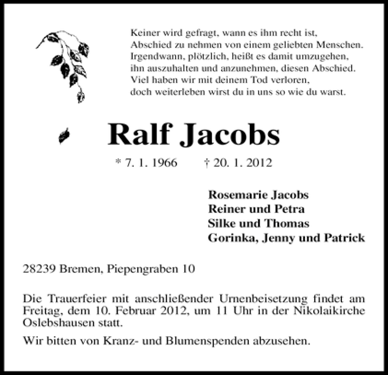  Traueranzeige für Ralf Jacobs vom 28.01.2012 aus WESER-KURIER