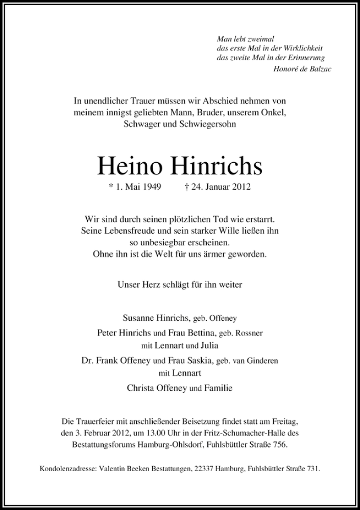 Traueranzeige von Heino Hinrichs von WESER-KURIER