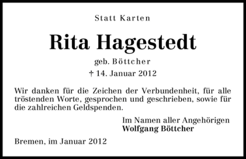  Traueranzeige für Rita Hagestedt vom 03.02.2012 aus WESER-KURIER
