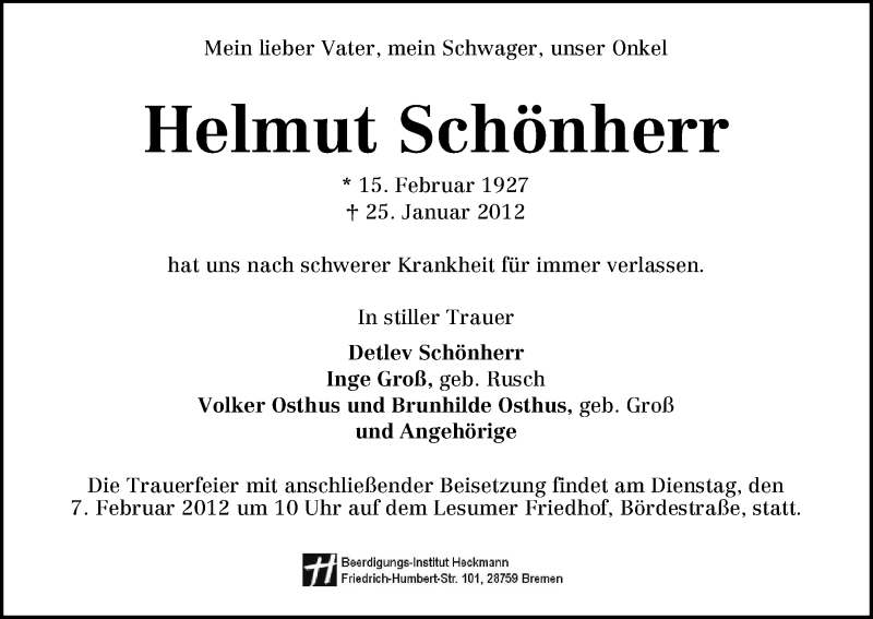 Traueranzeige von Helmut Schönherr von WESER-KURIER