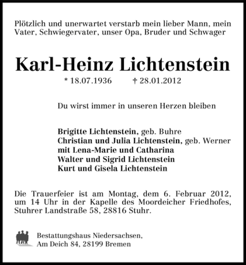  Traueranzeige für Karl-Heinz Lichtenstein vom 04.02.2012 aus WESER-KURIER