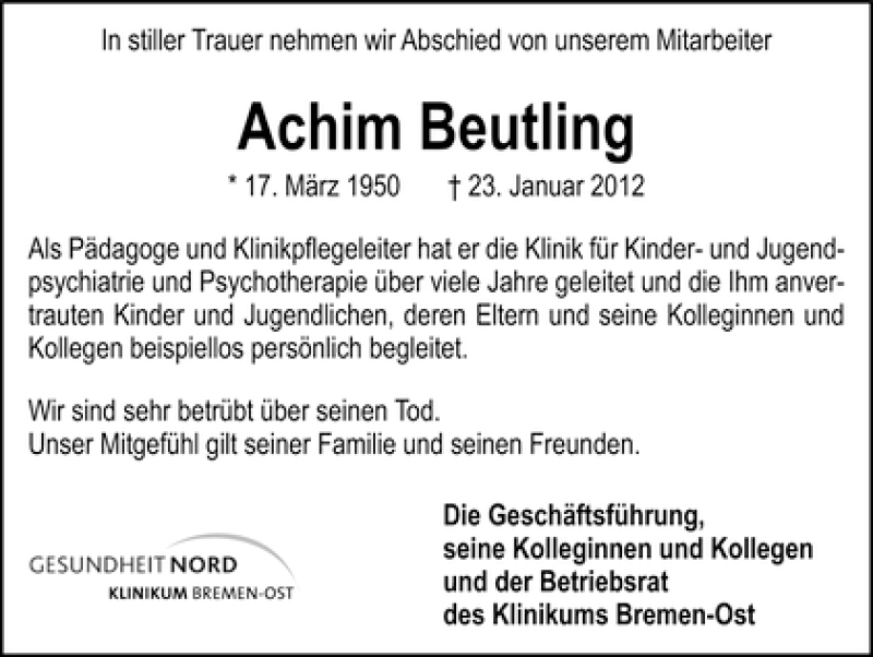 Traueranzeige von Achim Beutling von WESER-KURIER