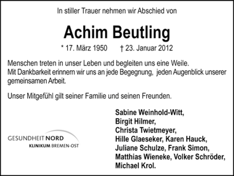  Traueranzeige für Achim Beutling vom 02.02.2012 aus WESER-KURIER