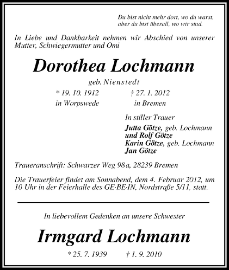 Traueranzeige von Dorothea Lochmann von WESER-KURIER