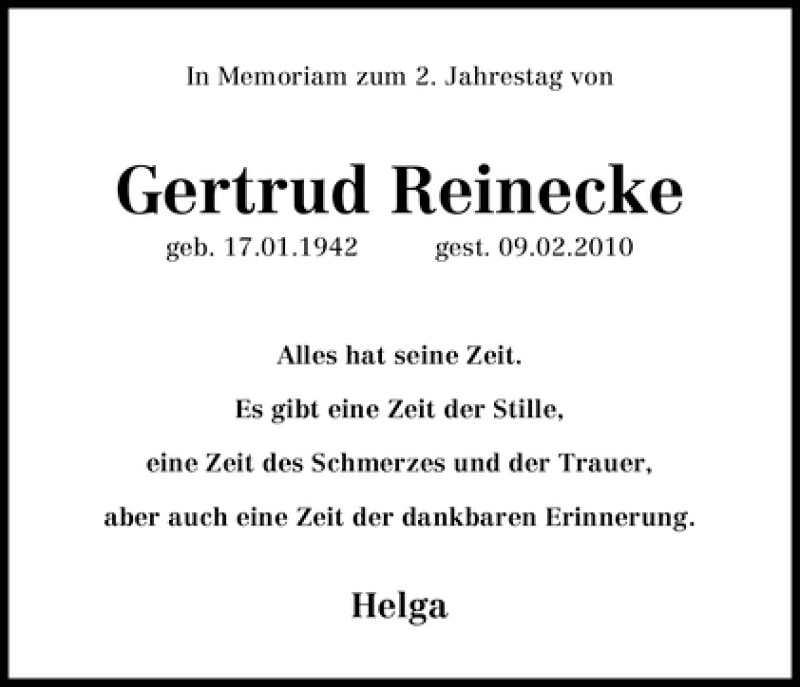  Traueranzeige für Gertrud Reinecke vom 09.02.2012 aus WESER-KURIER