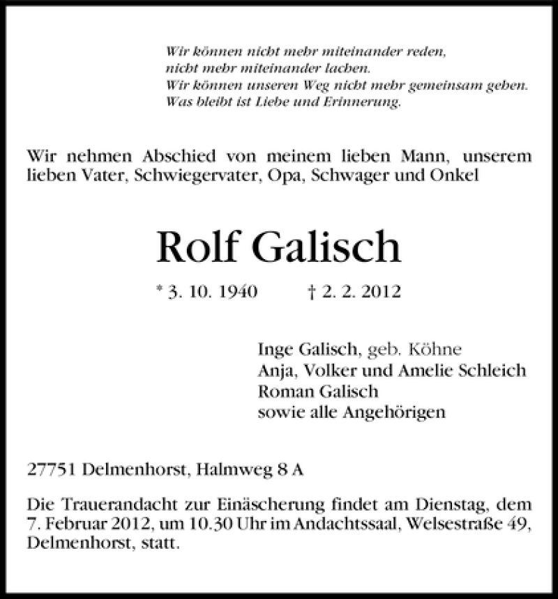 Traueranzeige von Rolf Galisch von WESER-KURIER