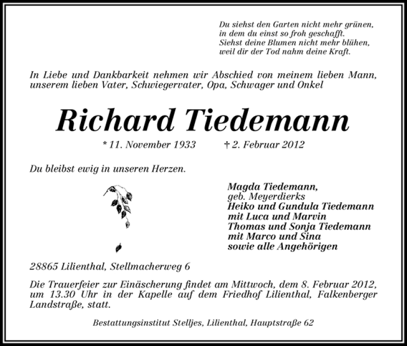 Traueranzeige von Richard Tiedemann von WESER-KURIER