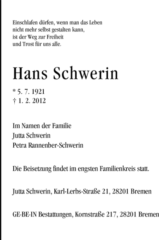 Traueranzeige von Hans Schwerin von WESER-KURIER
