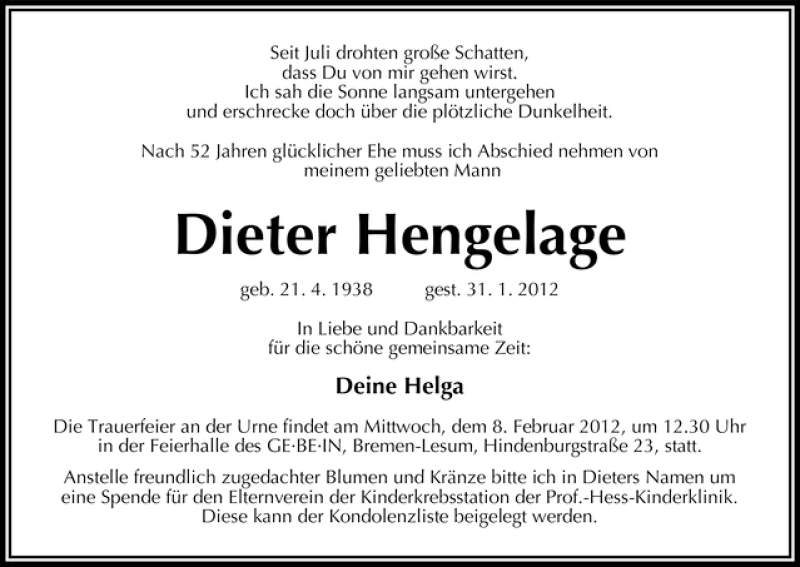  Traueranzeige für Dieter Hengelage vom 04.02.2012 aus WESER-KURIER