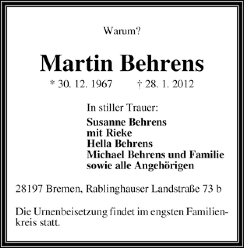 Traueranzeige von Martin Behrens von WESER-KURIER