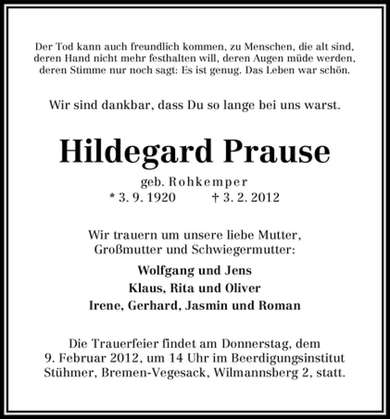 Traueranzeige von Hildegard Prause von WESER-KURIER