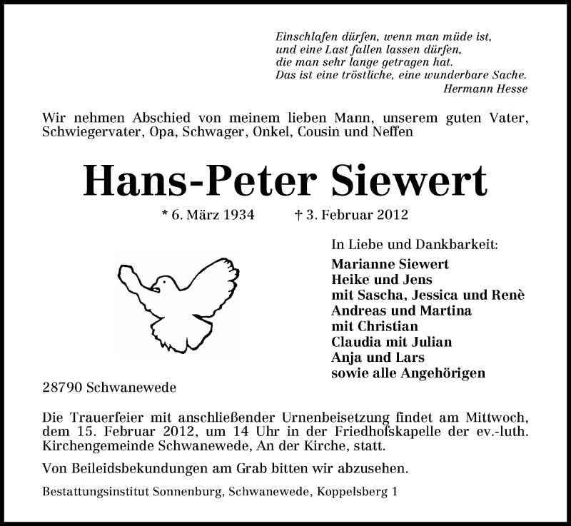 Traueranzeige von Hans-Peter Siewert von WESER-KURIER