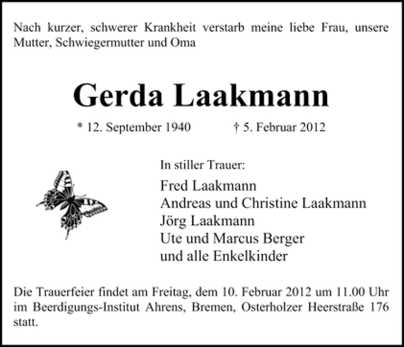 Traueranzeige von Gerda Laakmann von WESER-KURIER