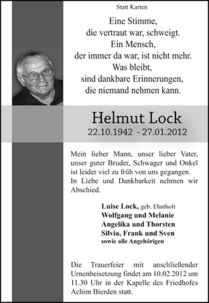 Traueranzeige von Helmut Lock von WESER-KURIER