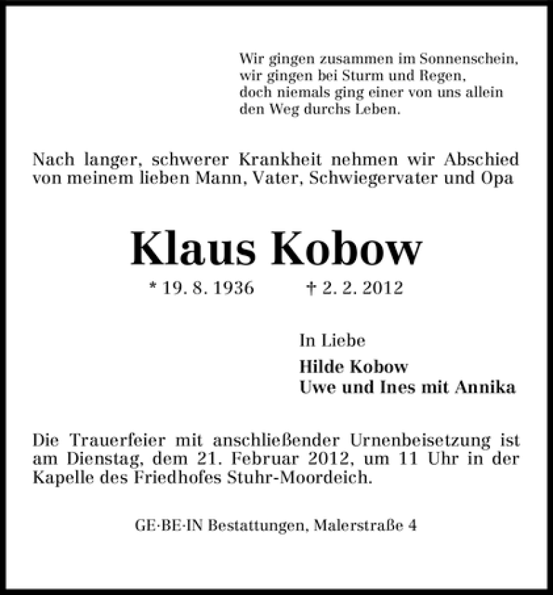 Traueranzeige von Klaus Kobow von WESER-KURIER