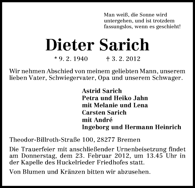 Traueranzeige von Dieter Sarich von WESER-KURIER