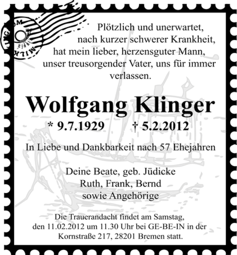 Traueranzeige von Wolfgang Klinger von WESER-KURIER