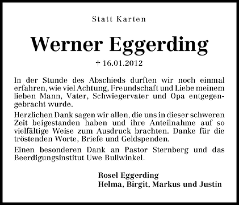 Traueranzeige von Werner Eggerding von WESER-KURIER