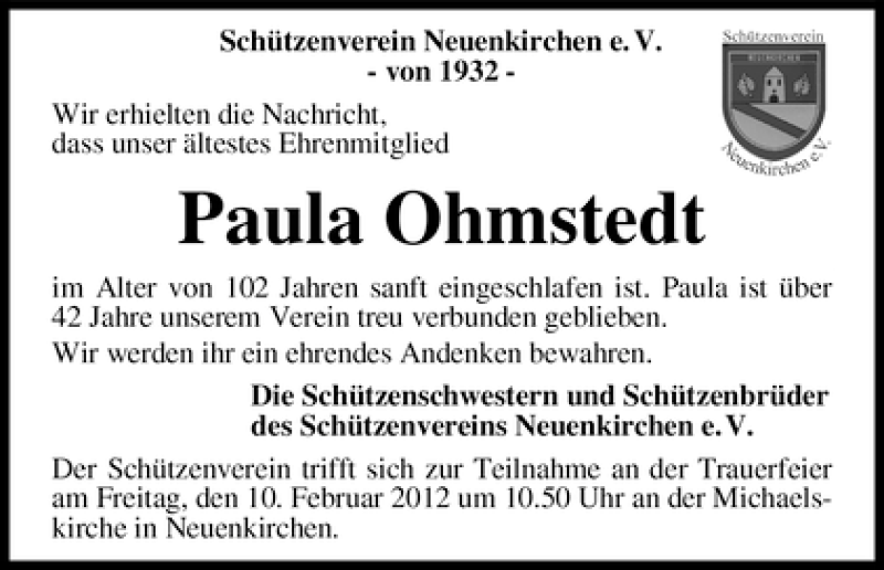 Traueranzeige von Paula Ohmstedt von WESER-KURIER